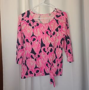 Lilly Pulitzer Waverly Inky Navy Flamingle Top Medium Tie Preppy Whimsical